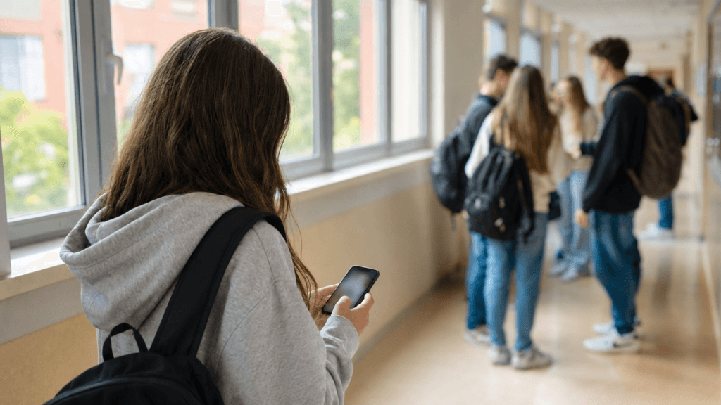 Uczeń stojący przy oknie z telefonem, w tle rozmawiająca grupa rówieśników na szkolnym korytarzu.