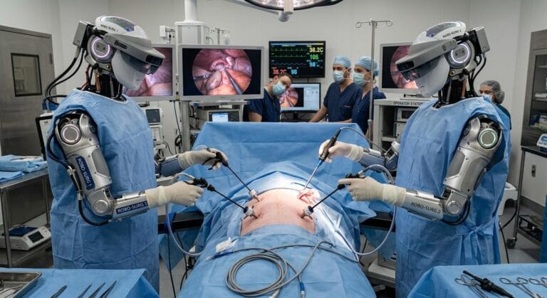 Dwa roboty humanoidalne trzymają narzędzia laparoskopowe podczas operacji usunięcia pęcherzyka żółciowego