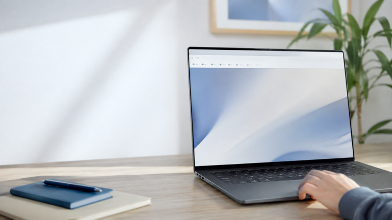 Laptop z symbolicznym paskiem zakładek, który stopniowo znika z okna przeglądarki.