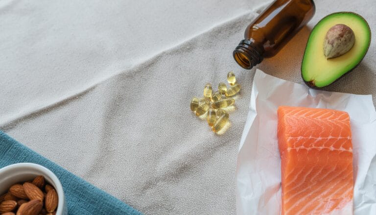 Migdały, awokado i filet z łososia na lnianym obrusie obok rozsypanych kapsułek z olejem